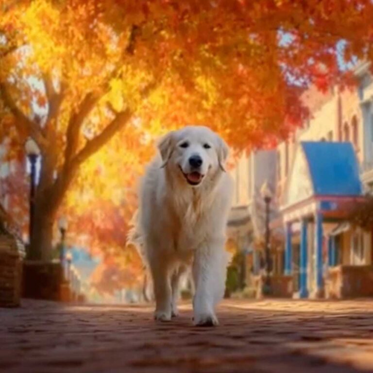 White Great Pyrenees walking down the brick street with autumn leaves on the tree.